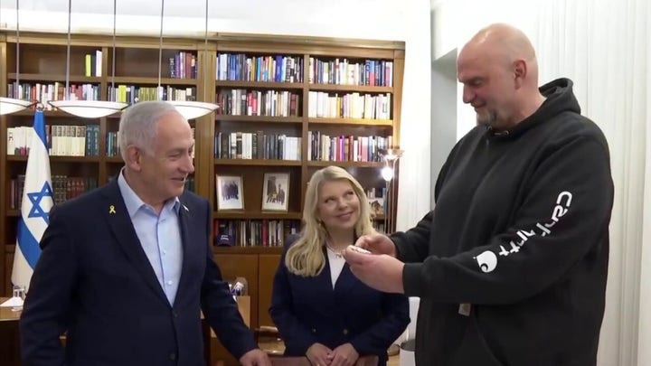 Israel PM Netanyahu gives Sen. John Fetterman (D-Pa.) a silver pager commemorating operation against Hezbollah