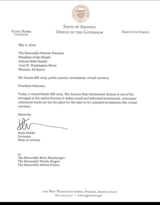 Arizona State Governor Vetoes Against Crypto Reserve Bill, May 2, 2025