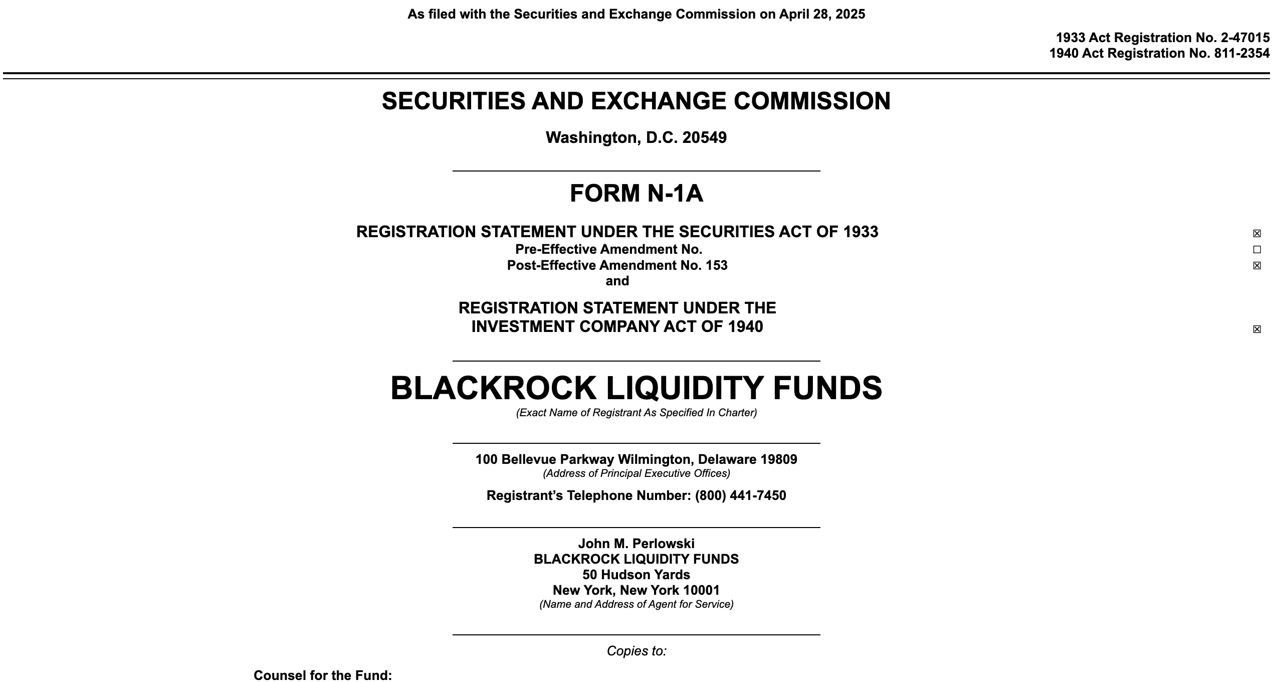 BlackRock launched $150B Money Market Fund | April 28, 2025 | Source: SEC.gov