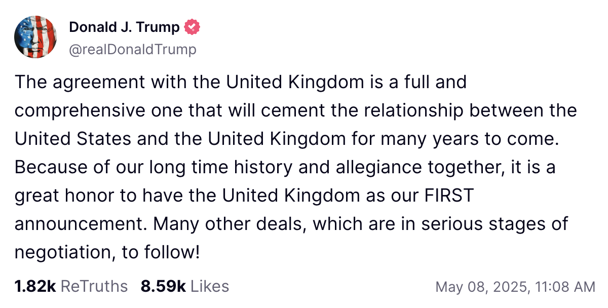 US President Donald Trump Confirms Trade Deal With UK, Source: TruthSocial