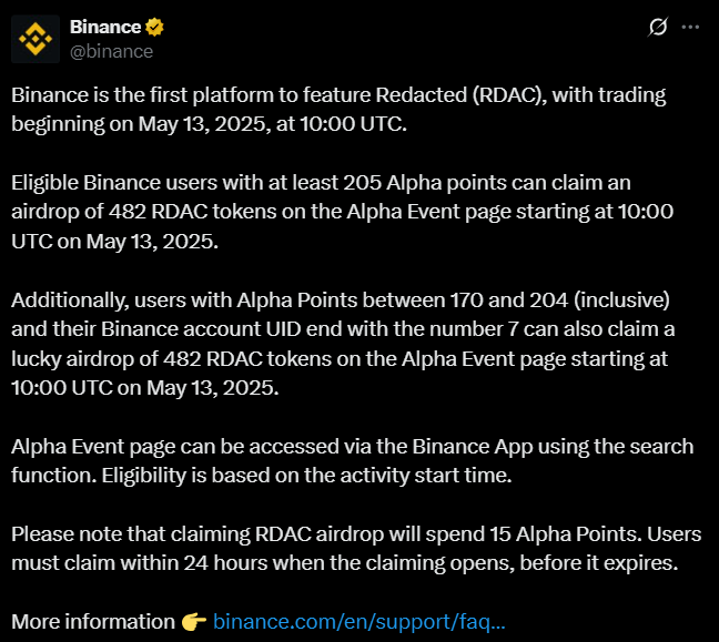 Binance RDAC Token airdrop